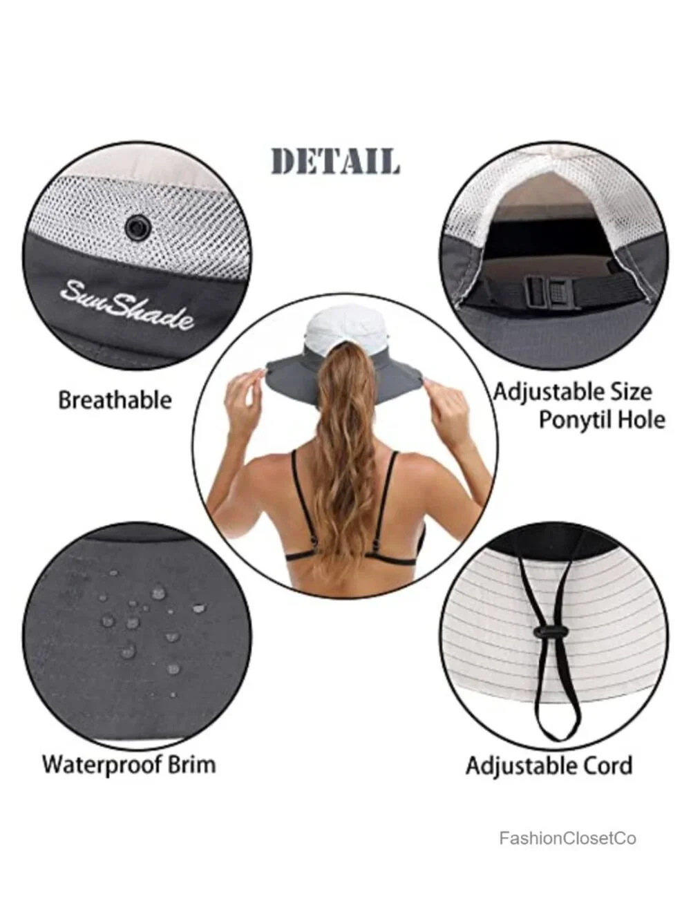 Wide Brim UPF 50+ Sun Hat with Ponytail Hole, Foldable Beach Bucket Hat